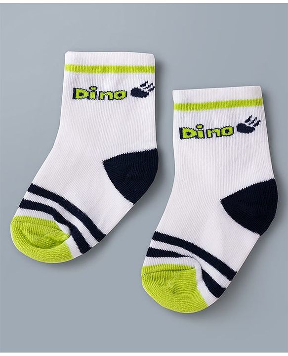 Cute Walk by Babyhug Knit Ankle Length Antibacterial Socks with Stripes & Dino Design Pack of 3 - White