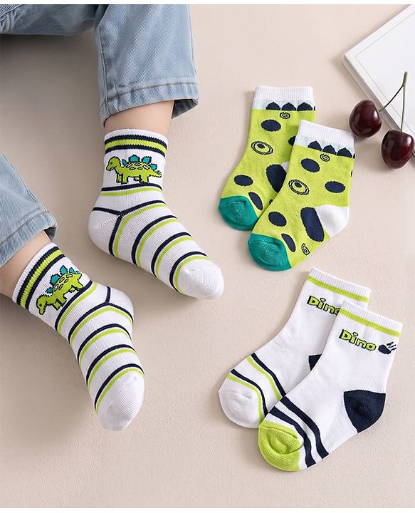 Cute Walk by Babyhug Knit Ankle Length Antibacterial Socks with Stripes & Dino Design Pack of 3 - White