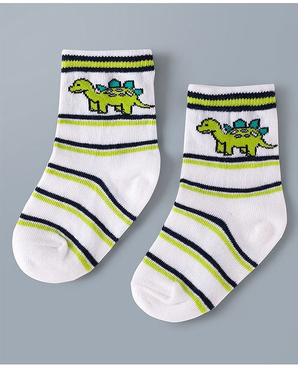 Cute Walk by Babyhug Knit Ankle Length Antibacterial Socks with Stripes & Dino Design Pack of 3 - White