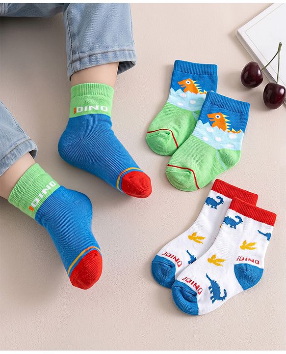 Cute Walk by Babyhug Anti-Bacterial Ankle Length Sock With Dino Design Pack of 3 - White