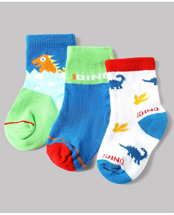 Cute Walk by Babyhug Anti-Bacterial Ankle Length Sock With Dino Design Pack of 3 - White