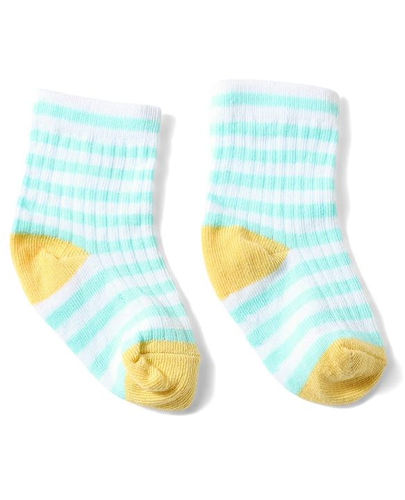 Cute Walk by Babyhug Anti-Bacterial Ankle Length Striped Sock With Vehicle Design Pack of 3 - Yellow Blue & White