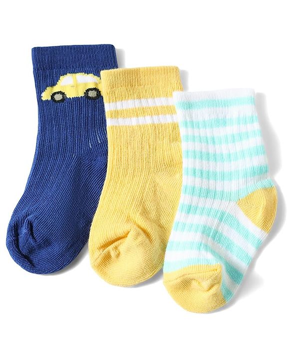 Cute Walk by Babyhug Anti-Bacterial Ankle Length Striped Sock With Vehicle Design Pack of 3 - Yellow Blue & White