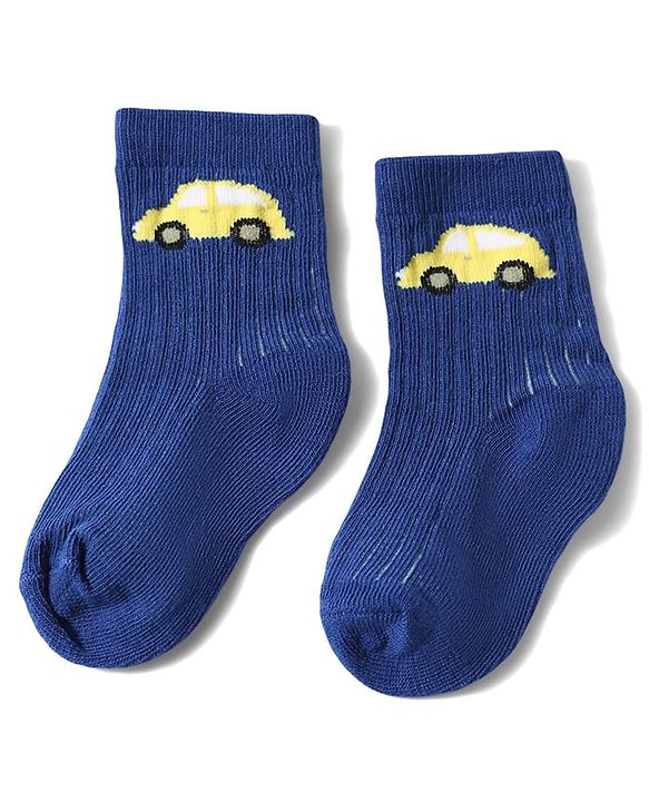 Cute Walk by Babyhug Anti-Bacterial Ankle Length Striped Sock With Vehicle Design Pack of 3 - Yellow Blue & White