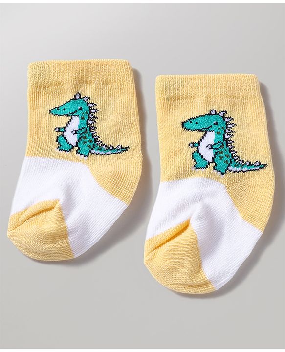 Cutewalk by Babyhug Anti-Bacterial Ankle Length Striped Socks With Dino Design Pack Of 3 - White