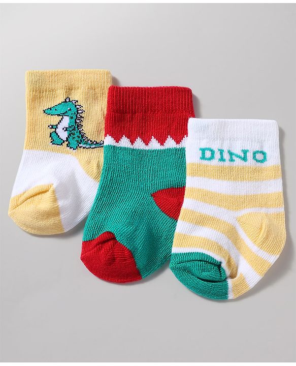 Cutewalk by Babyhug Anti-Bacterial Ankle Length Striped Socks With Dino Design Pack Of 3 - White