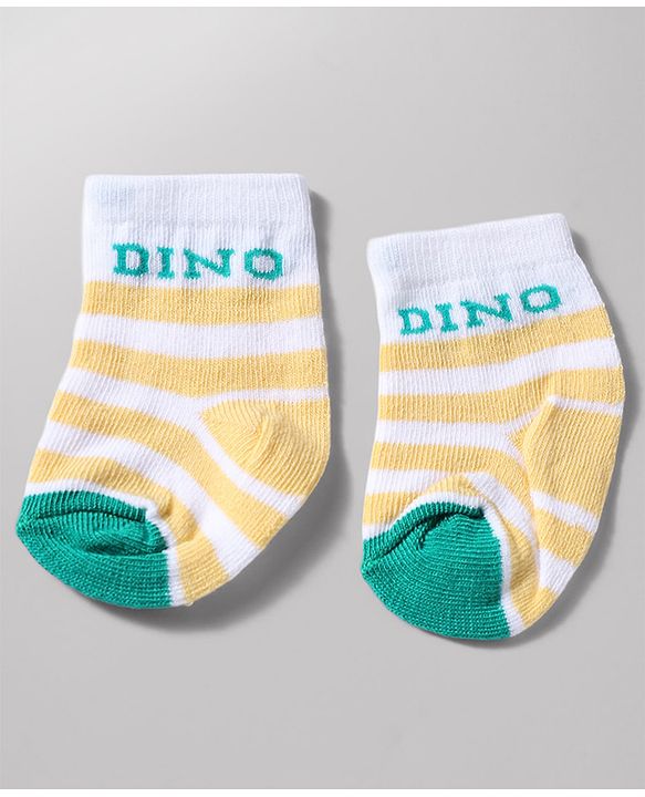 Cutewalk by Babyhug Anti-Bacterial Ankle Length Striped Socks With Dino Design Pack Of 3 - White