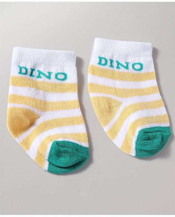 Cutewalk by Babyhug Anti-Bacterial Ankle Length Striped Socks With Dino Design Pack Of 3 - White