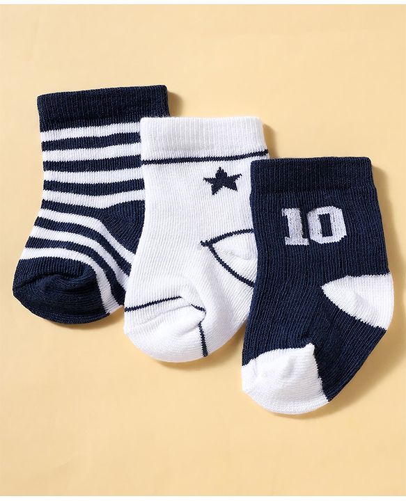Cutewalk by Babyhug Anti-Bacterial Ankle Length Striped Socks With Star Design Pack Of 3 - White
