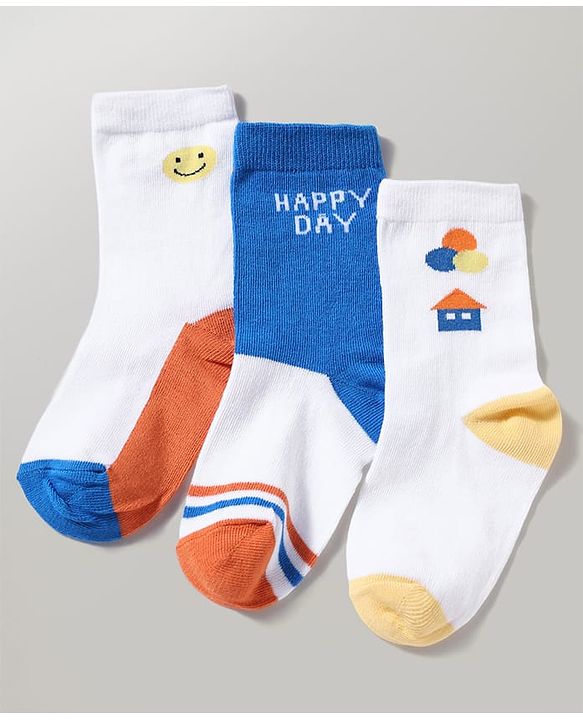 Cutewalk by Babyhug Anti-Bacterial Ankle Length Socks With Happy Life Design Pack Of 3 - White
