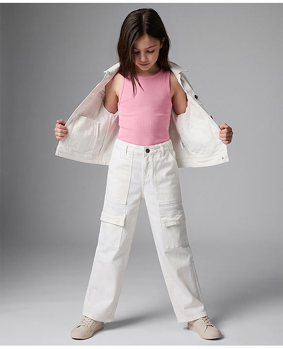 Pine Kids Woven Full Length Denim Jeans With Cargo Pockets - White