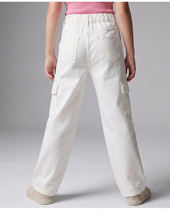 Pine Kids Woven Full Length Denim Jeans With Cargo Pockets - White
