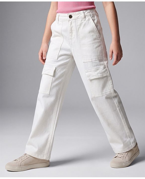 Pine Kids Woven Full Length Denim Jeans With Cargo Pockets - White