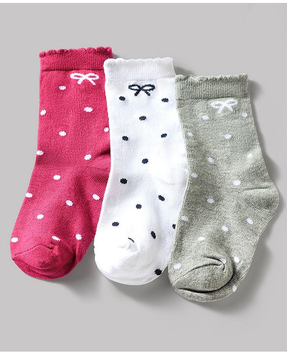 Cute Walk by Babyhug Knit Ankle Length Antibacterial Socks With Bow & Polka Dot Design Pack Of 3 - Dark Pink White & Grey