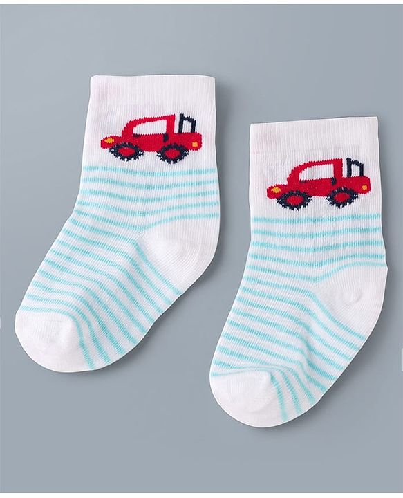 Cute Walk by Babyhug Knit Ankle Length Antibacterial Socks with Stripes & Car Design Pack of 3 - Blue