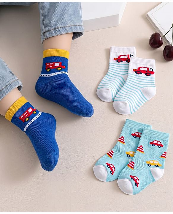 Cute Walk by Babyhug Knit Ankle Length Antibacterial Socks with Stripes & Car Design Pack of 3 - Blue