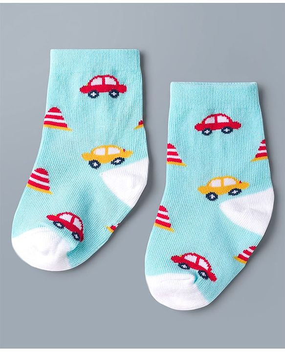Cute Walk by Babyhug Knit Ankle Length Antibacterial Socks with Stripes & Car Design Pack of 3 - Blue