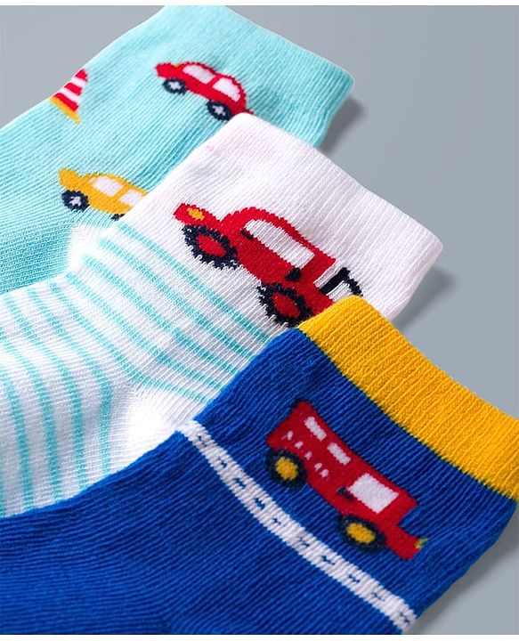 Cute Walk by Babyhug Knit Ankle Length Antibacterial Socks with Stripes & Car Design Pack of 3 - Blue