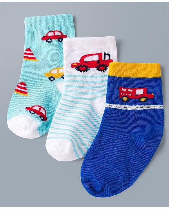 Cute Walk by Babyhug Knit Ankle Length Antibacterial Socks with Stripes & Car Design Pack of 3 - Blue