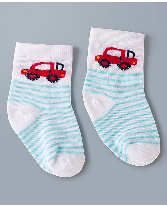 Cute Walk by Babyhug Knit Ankle Length Antibacterial Socks with Stripes & Car Design Pack of 3 - Blue