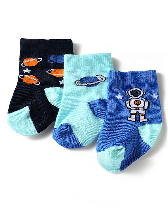 Cute Walk by Babyhug Knit Ankle Length Antibacterial Socks With Space Theme Design Pack Of 3 -Blue