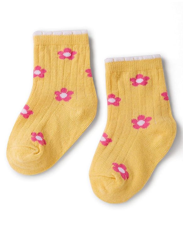 Cute Walk by Babyhug Knit Ankle Length Antibacterial Socks with Floral Design - Pink & Yellow