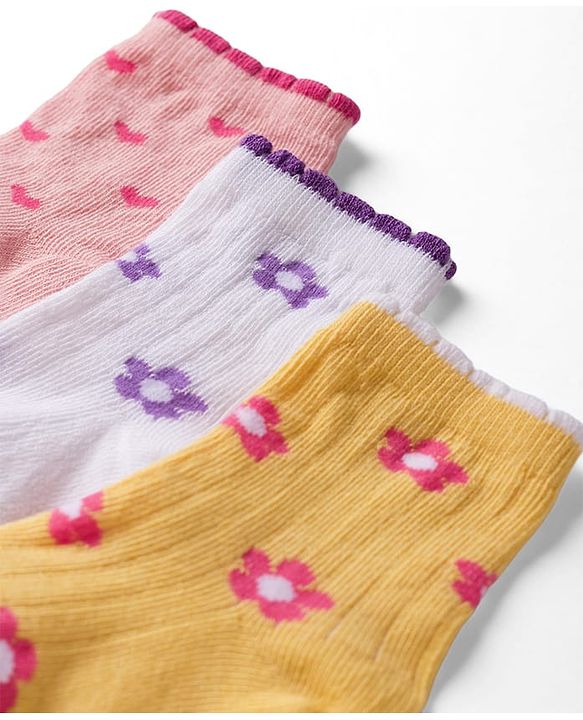 Cute Walk by Babyhug Knit Ankle Length Antibacterial Socks with Floral Design - Pink & Yellow