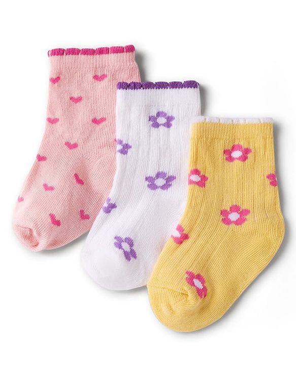 Cute Walk by Babyhug Knit Ankle Length Antibacterial Socks with Floral Design - Pink & Yellow