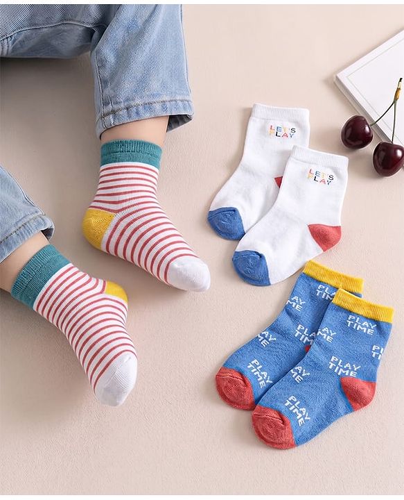 Cute Walk by Babyhug Knit Ankle Length Antibacterial Socks With Striped & Text Design Pack Of 3 - Blue & White