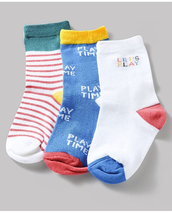 Cute Walk by Babyhug Knit Ankle Length Antibacterial Socks With Striped & Text Design Pack Of 3 - Blue & White
