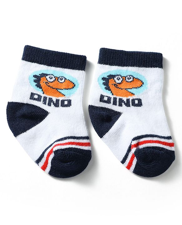 Cute Walk by Babyhug Knit Ankle Length Antibacterial Socks with Dino Design Pack of 3 - Navy & White