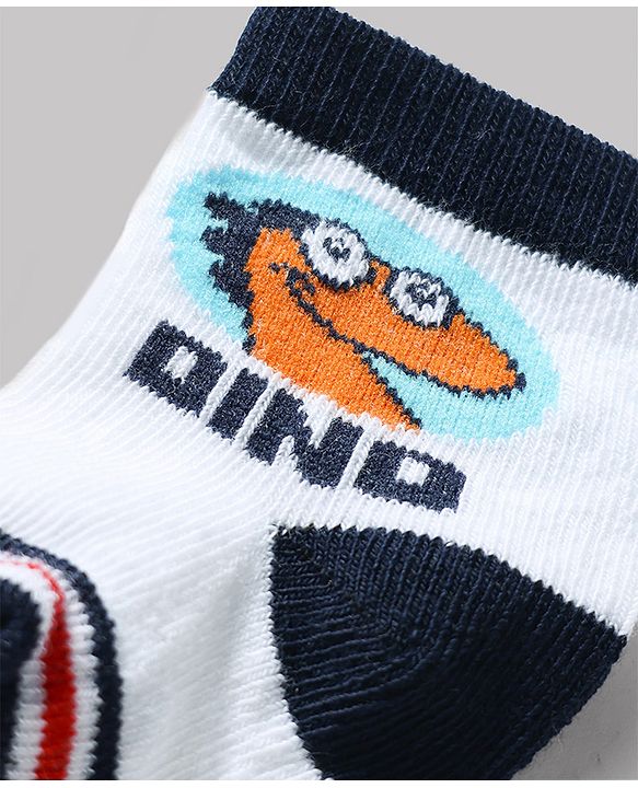 Cute Walk by Babyhug Knit Ankle Length Antibacterial Socks with Dino Design Pack of 3 - Navy & White