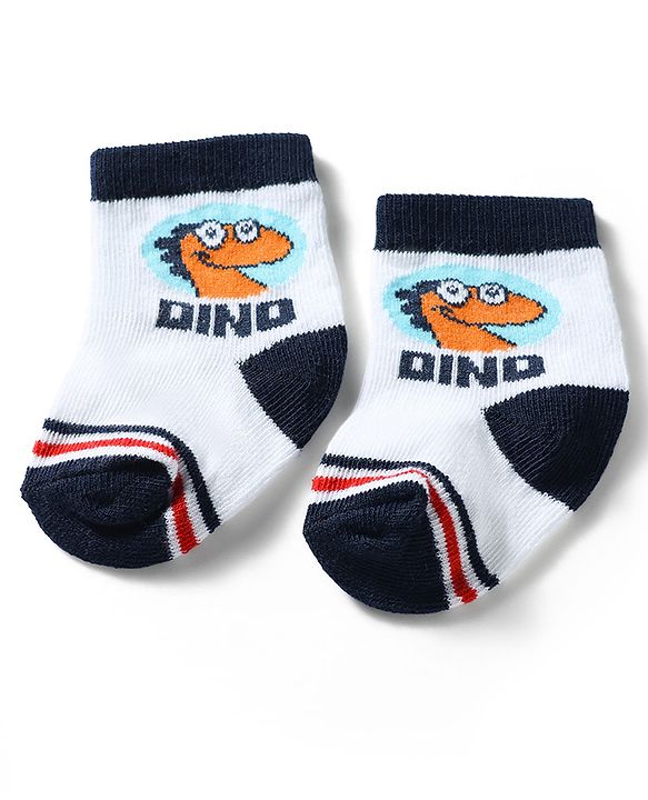 Cute Walk by Babyhug Knit Ankle Length Antibacterial Socks with Dino Design Pack of 3 - Navy & White