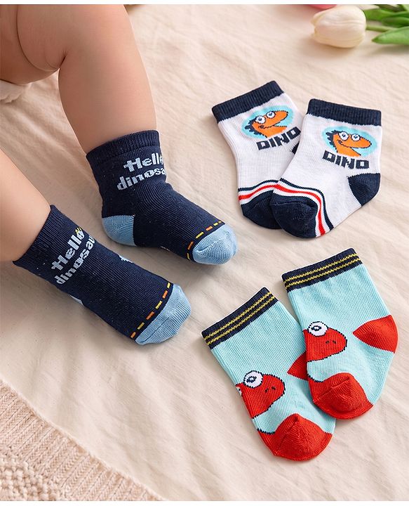 Cute Walk by Babyhug Knit Ankle Length Antibacterial Socks with Dino Design Pack of 3 - Navy & White