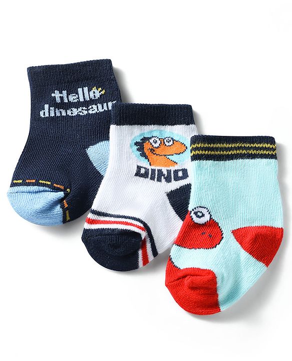 Cute Walk by Babyhug Knit Ankle Length Antibacterial Socks with Dino Design Pack of 3 - Navy & White