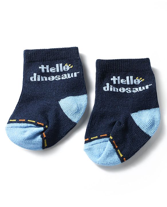 Cute Walk by Babyhug Knit Ankle Length Antibacterial Socks with Dino Design Pack of 3 - Navy & White