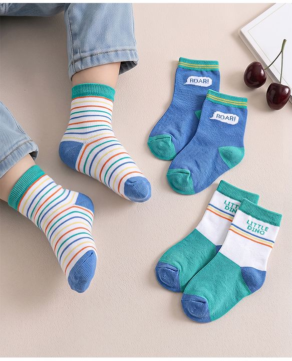 Cute Walk by Babyhug Knit Ankle Length Antibacterial Socks With Striped & Text Design Pack Of 3 - Blue & White