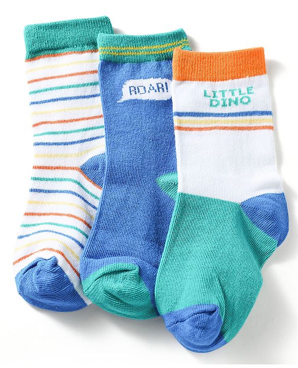 Cute Walk by Babyhug Knit Ankle Length Antibacterial Socks With Striped & Text Design Pack Of 3 - Blue & White