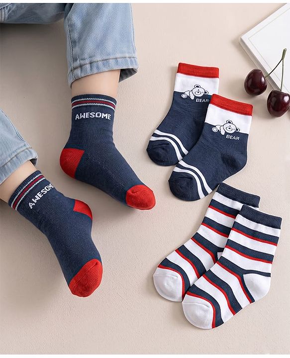 Cute Walk by Babyhug Knit Ankle Length Antibacterial Socks With Striped & Bear Design Pack Of 3 - Navy & White