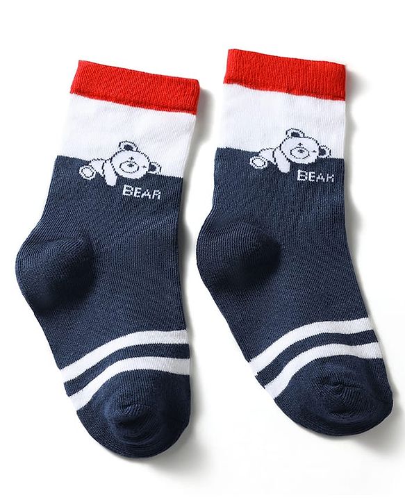 Cute Walk by Babyhug Knit Ankle Length Antibacterial Socks With Striped & Bear Design Pack Of 3 - Navy & White