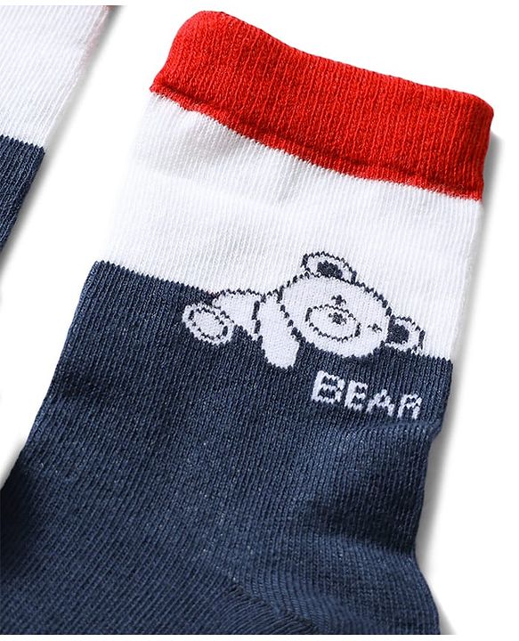 Cute Walk by Babyhug Knit Ankle Length Antibacterial Socks With Striped & Bear Design Pack Of 3 - Navy & White