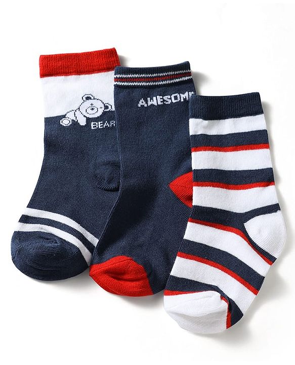 Cute Walk by Babyhug Knit Ankle Length Antibacterial Socks With Striped & Bear Design Pack Of 3 - Navy & White