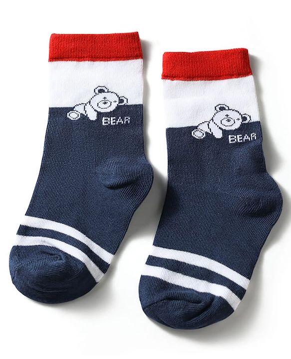 Cute Walk by Babyhug Knit Ankle Length Antibacterial Socks With Striped & Bear Design Pack Of 3 - Navy & White