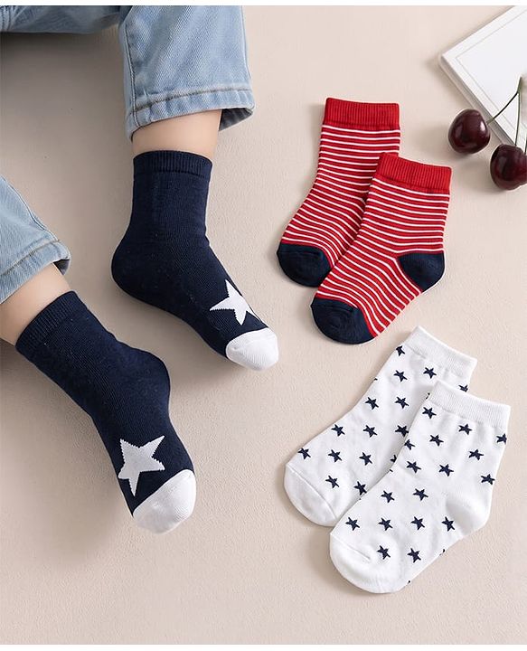 Cute Walk by Babyhug Knit Ankle Length Antibacterial Socks With Stripes & Star Design Pack Of 3 - Navy & White