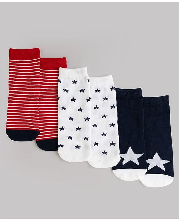 Cute Walk by Babyhug Knit Ankle Length Antibacterial Socks With Stripes & Star Design Pack Of 3 - Navy & White