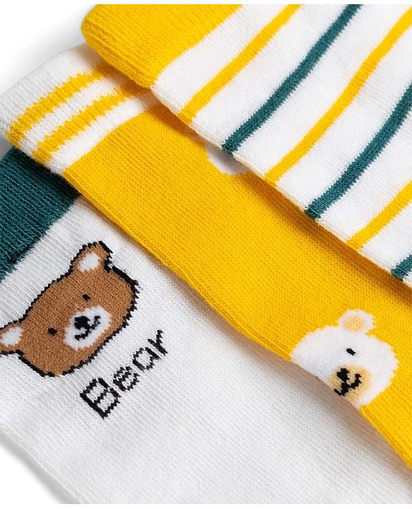 Cute Walk by Babyhug Knit Ankle Length Antibacterial Socks With Stripes & Bear Design Pack Of 3 - Navy & Yellow
