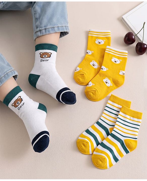 Cute Walk by Babyhug Knit Ankle Length Antibacterial Socks With Stripes & Bear Design Pack Of 3 - Navy & Yellow