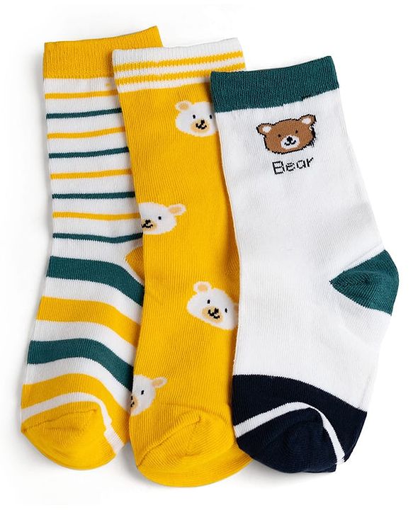 Cute Walk by Babyhug Knit Ankle Length Antibacterial Socks With Stripes & Bear Design Pack Of 3 - Navy & Yellow