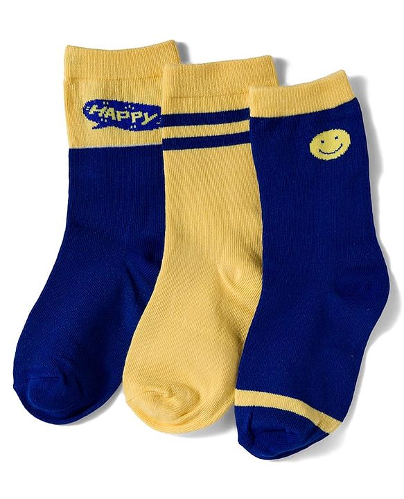Cute Walk by Babyhug Knit Ankle Length Antibacterial Socks with Stripe & Text Design Pack of 3 - Navy & Yellow