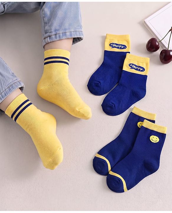 Cute Walk by Babyhug Knit Ankle Length Antibacterial Socks with Stripe & Text Design Pack of 3 - Navy & Yellow